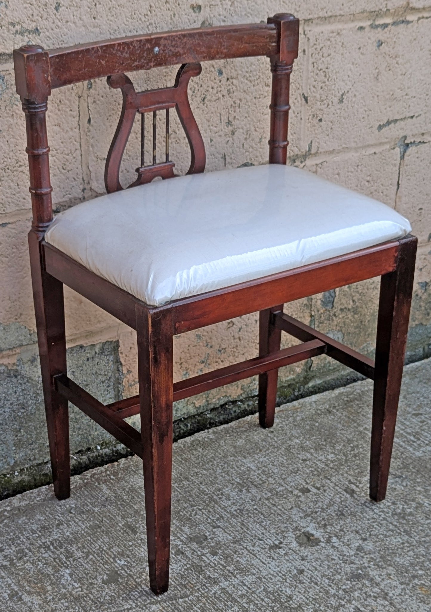 Antique Vintage Old Victorian Lyre Back Chair SOLID Wood Wooden Piano Kneeling Bench Foot Stool Ottoman White Fabric