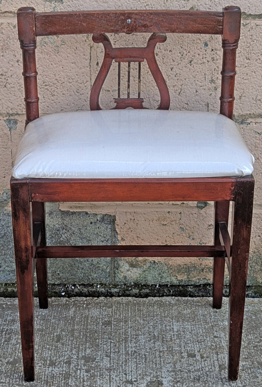 Antique Vintage Old Victorian Lyre Back Chair SOLID Wood Wooden Piano Kneeling Bench Foot Stool Ottoman White Fabric