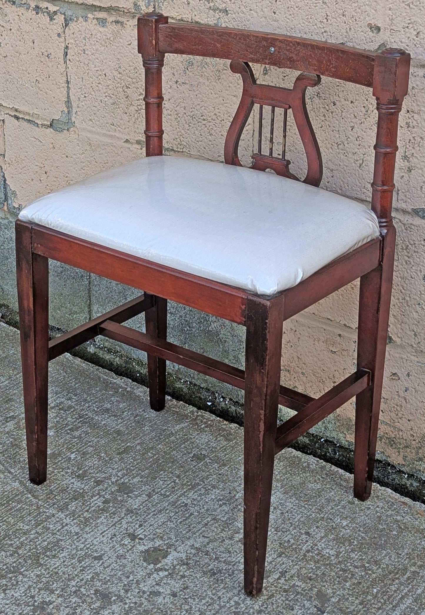 Antique Vintage Old Victorian Lyre Back Chair SOLID Wood Wooden Piano Kneeling Bench Foot Stool Ottoman White Fabric