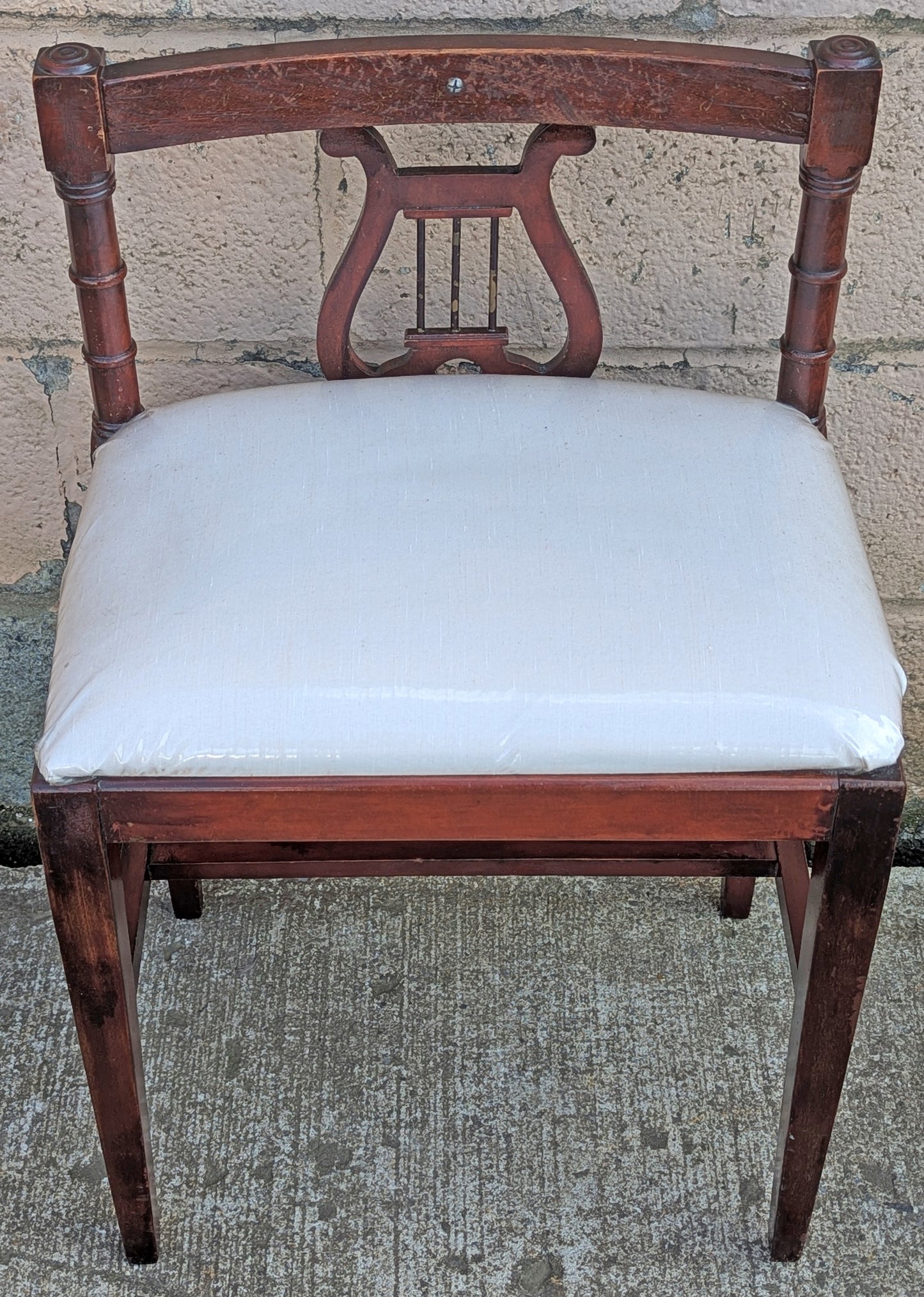 Antique Vintage Old Victorian Lyre Back Chair SOLID Wood Wooden Piano Kneeling Bench Foot Stool Ottoman White Fabric