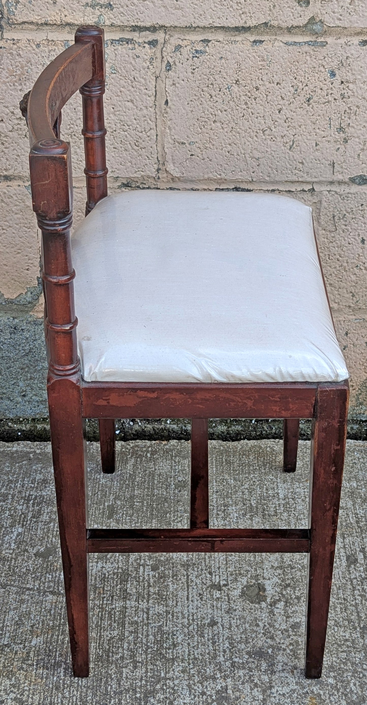 Antique Vintage Old Victorian Lyre Back Chair SOLID Wood Wooden Piano Kneeling Bench Foot Stool Ottoman White Fabric