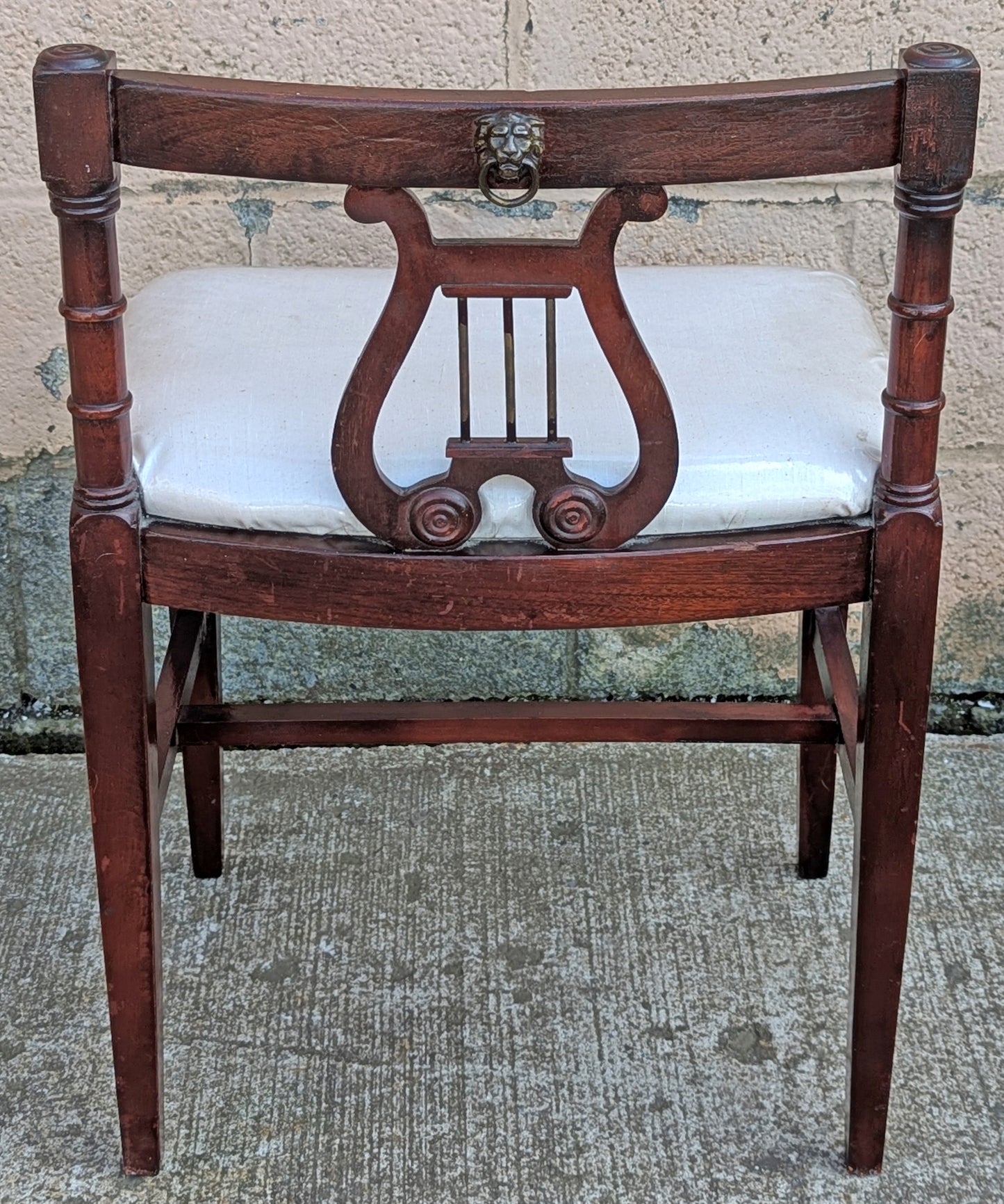 Antique Vintage Old Victorian Lyre Back Chair SOLID Wood Wooden Piano Kneeling Bench Foot Stool Ottoman White Fabric