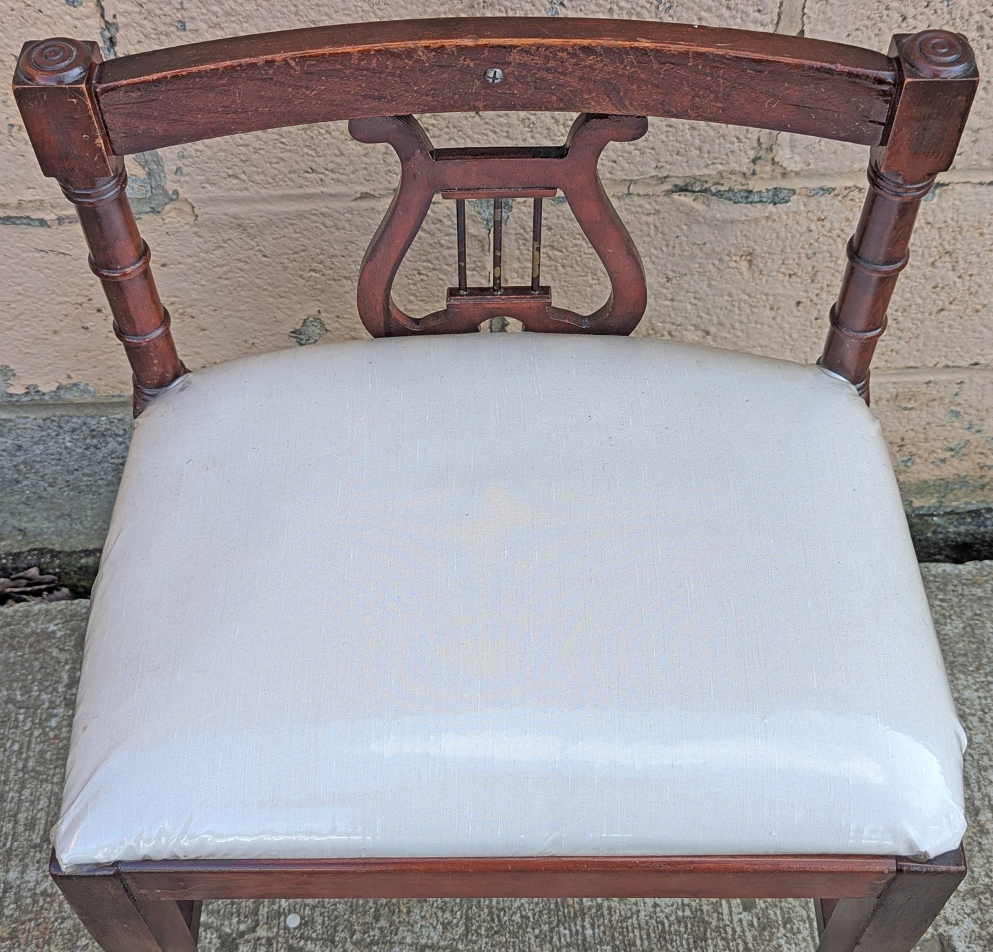 Antique Vintage Old Victorian Lyre Back Chair SOLID Wood Wooden Piano Kneeling Bench Foot Stool Ottoman White Fabric