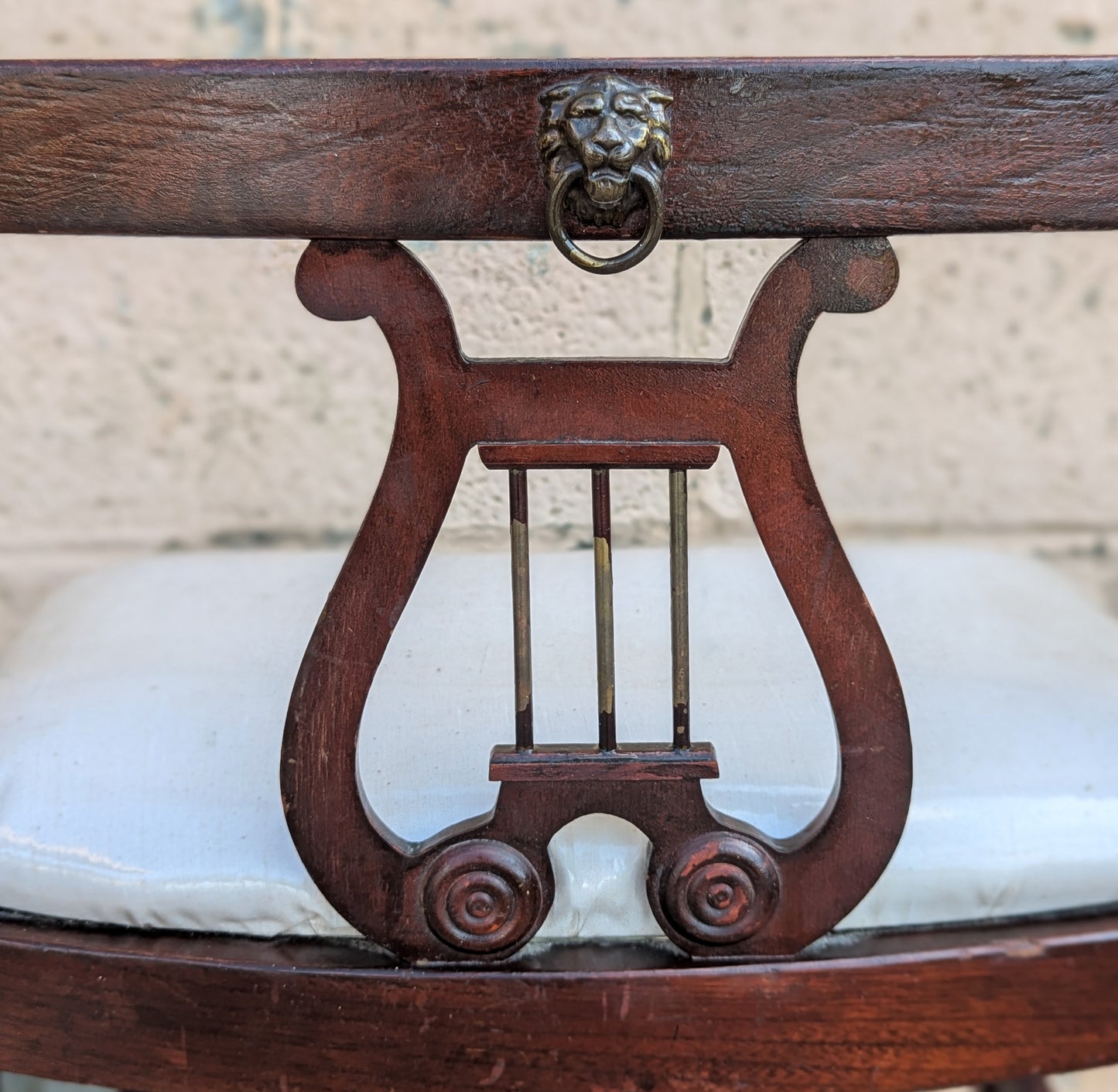 Antique Vintage Old Victorian Lyre Back Chair SOLID Wood Wooden Piano Kneeling Bench Foot Stool Ottoman White Fabric