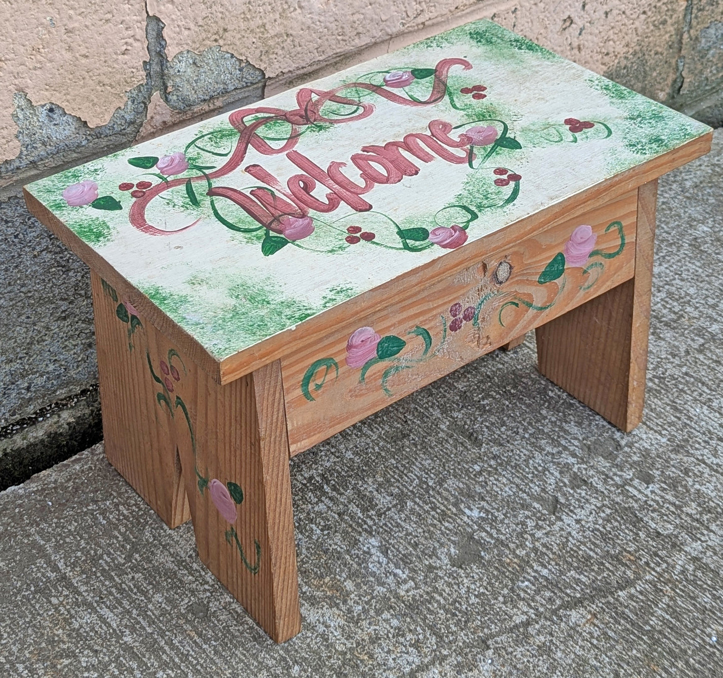 Small Vintage Antique Old Handmade Hand Painted Solid Wood Wooden Foot Step Stool Plant Stand Side Accent Chair Seat Garden Bench