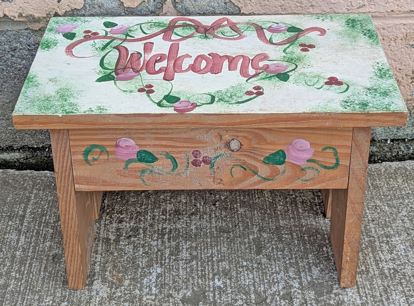 Small Vintage Antique Old Handmade Hand Painted Solid Wood Wooden Foot Step Stool Plant Stand Side Accent Chair Seat Garden Bench