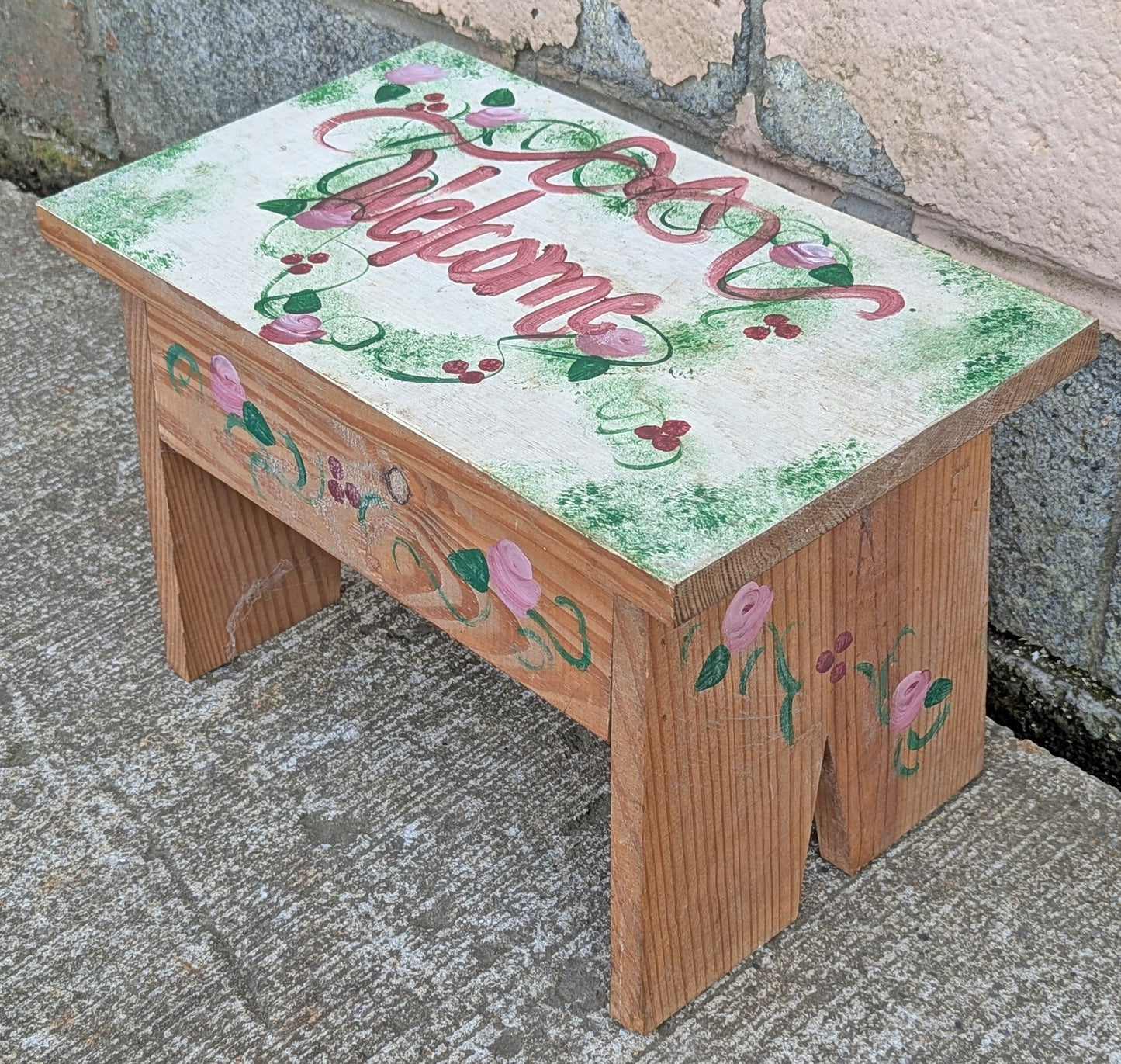 Small Vintage Antique Old Handmade Hand Painted Solid Wood Wooden Foot Step Stool Plant Stand Side Accent Chair Seat Garden Bench