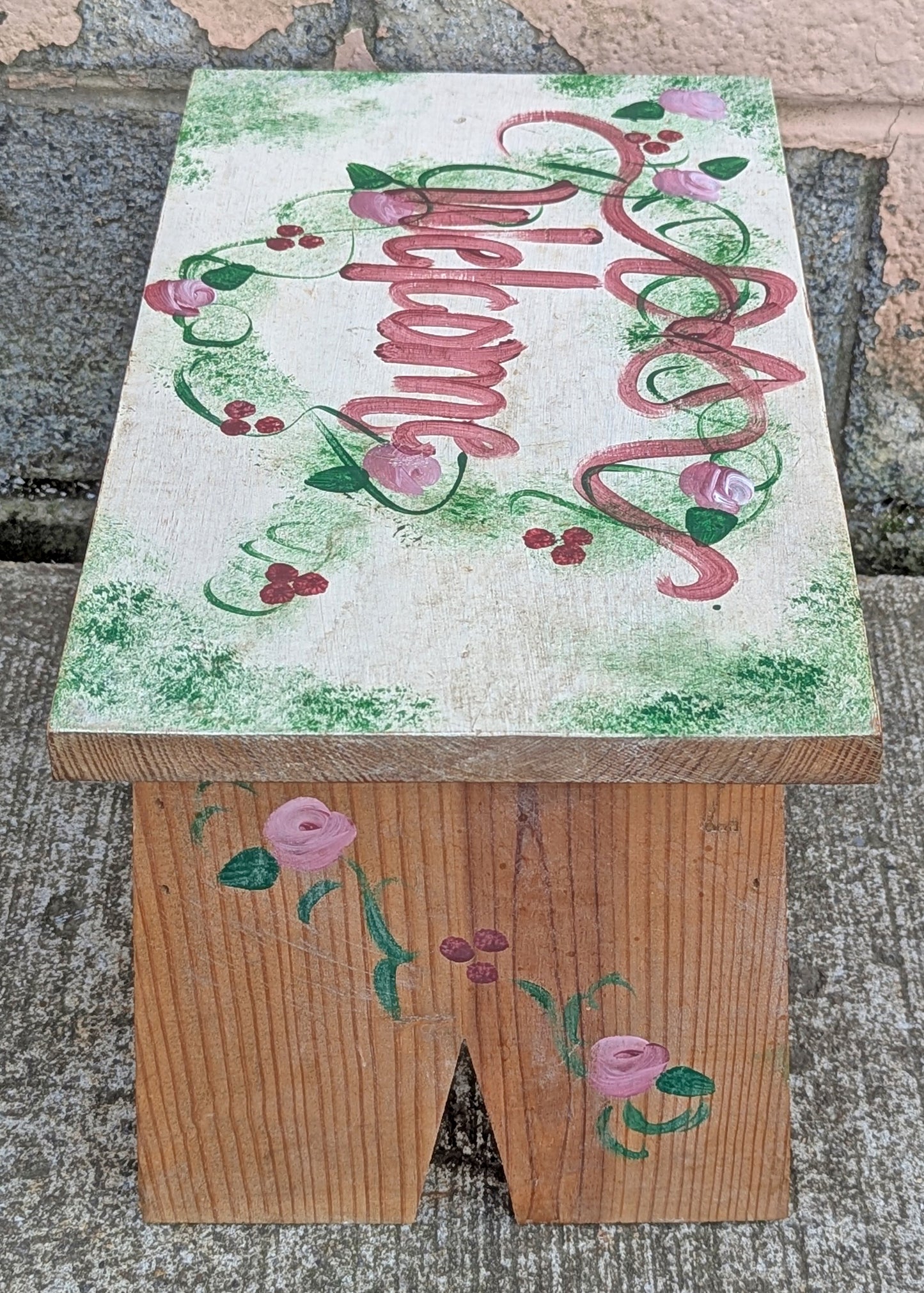 Small Vintage Antique Old Handmade Hand Painted Solid Wood Wooden Foot Step Stool Plant Stand Side Accent Chair Seat Garden Bench