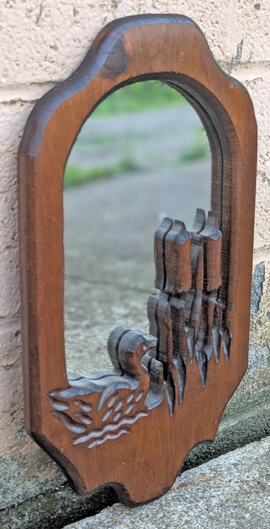 Small Vintage Antique Old Reclaimed Salvaged Solid Wood Wooden Oval Curved Wall Mounted Mount Accent Bathroom Mirror Glass Ornate Decorative