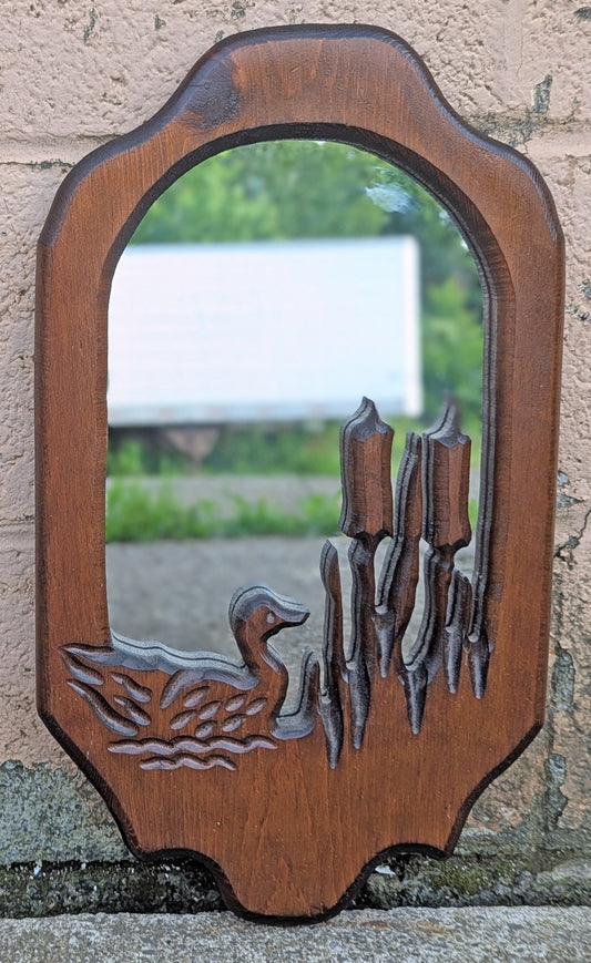 Small Vintage Antique Old Reclaimed Salvaged Solid Wood Wooden Oval Curved Wall Mounted Mount Accent Bathroom Mirror Glass Ornate Decorative