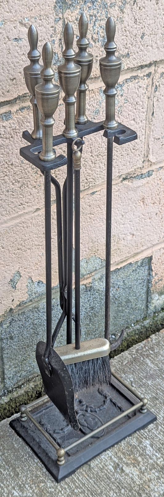 4pc Set Vintage Old Reclaimed Salvaged Solid Iron Steel Fireplace Tools Poker Shovel Tongs Broom Brush Stand Holder Decorative Design