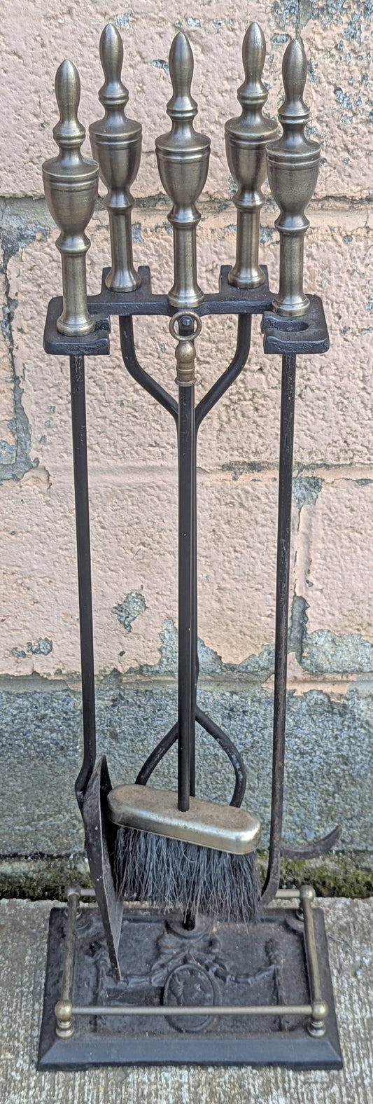 4pc Set Vintage Old Reclaimed Salvaged Solid Iron Steel Fireplace Tools Poker Shovel Tongs Broom Brush Stand Holder Decorative Design