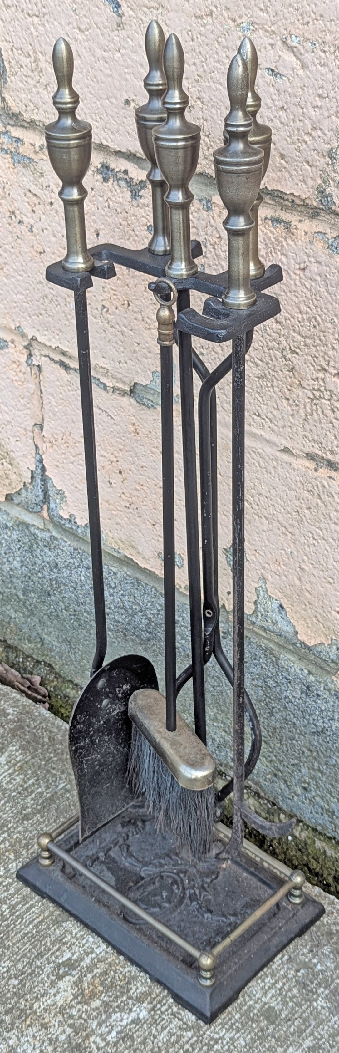 4pc Set Vintage Old Reclaimed Salvaged Solid Iron Steel Fireplace Tools Poker Shovel Tongs Broom Brush Stand Holder Decorative Design