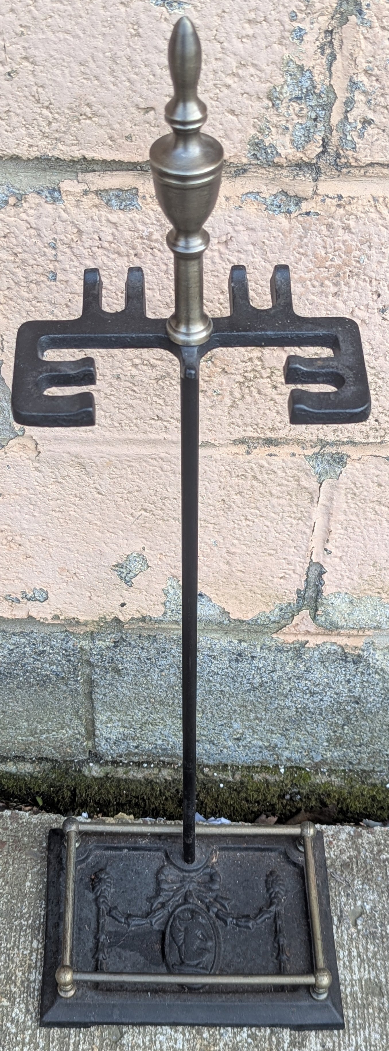 4pc Set Vintage Old Reclaimed Salvaged Solid Iron Steel Fireplace Tools Poker Shovel Tongs Broom Brush Stand Holder Decorative Design
