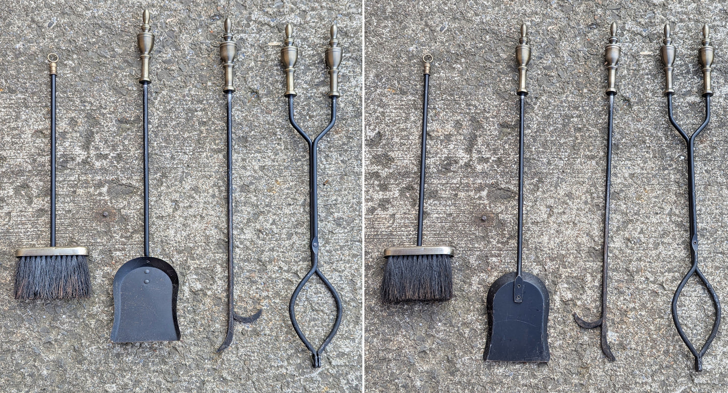 4pc Set Vintage Old Reclaimed Salvaged Solid Iron Steel Fireplace Tools Poker Shovel Tongs Broom Brush Stand Holder Decorative Design