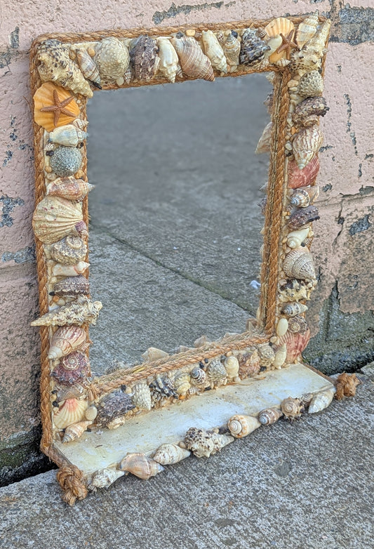 Vintage Old Reclaimed Salvaged Handmade Handcrafted Solid Wood Wooden Wall Mounted Seashell Ocean Beach Mount Accent Bathroom Mirror Glass Ornate Decorative