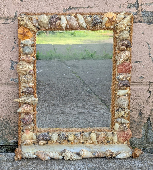 Vintage Old Reclaimed Salvaged Handmade Handcrafted Solid Wood Wooden Wall Mounted Seashell Ocean Beach Mount Accent Bathroom Mirror Glass Ornate Decorative