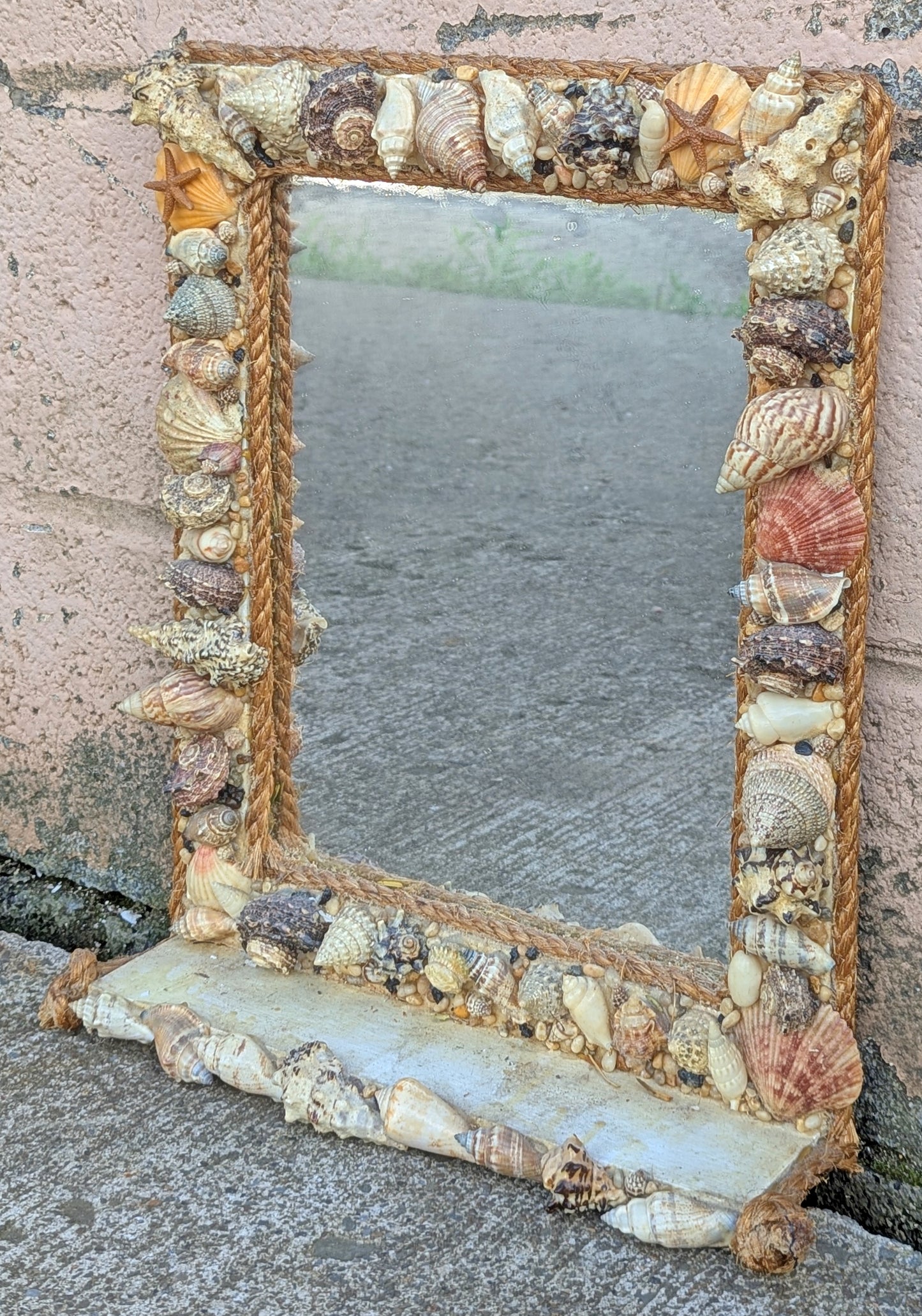 Vintage Old Reclaimed Salvaged Handmade Handcrafted Solid Wood Wooden Wall Mounted Seashell Ocean Beach Mount Accent Bathroom Mirror Glass Ornate Decorative
