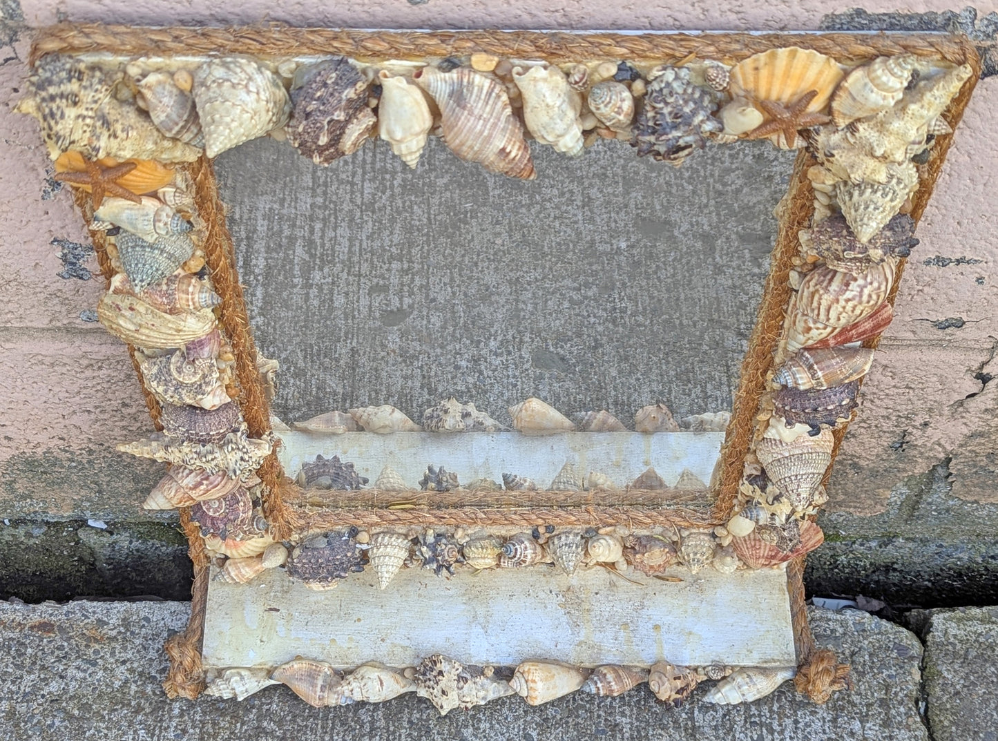 Vintage Old Reclaimed Salvaged Handmade Handcrafted Solid Wood Wooden Wall Mounted Seashell Ocean Beach Mount Accent Bathroom Mirror Glass Ornate Decorative