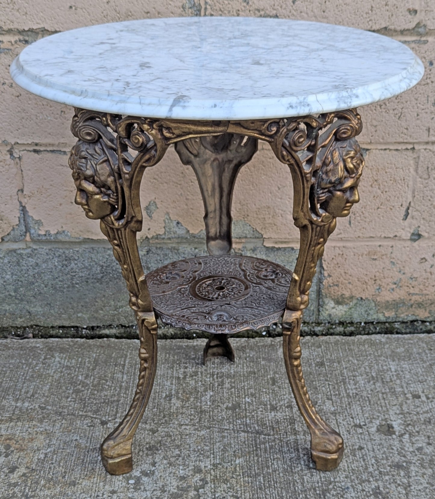 Vintage Antique Old Reclaimed Salvaged Circular Neo Classical Marble Top Metal Brass 2 Tier End Side Accent Sofa Lamp Table Plant Stand