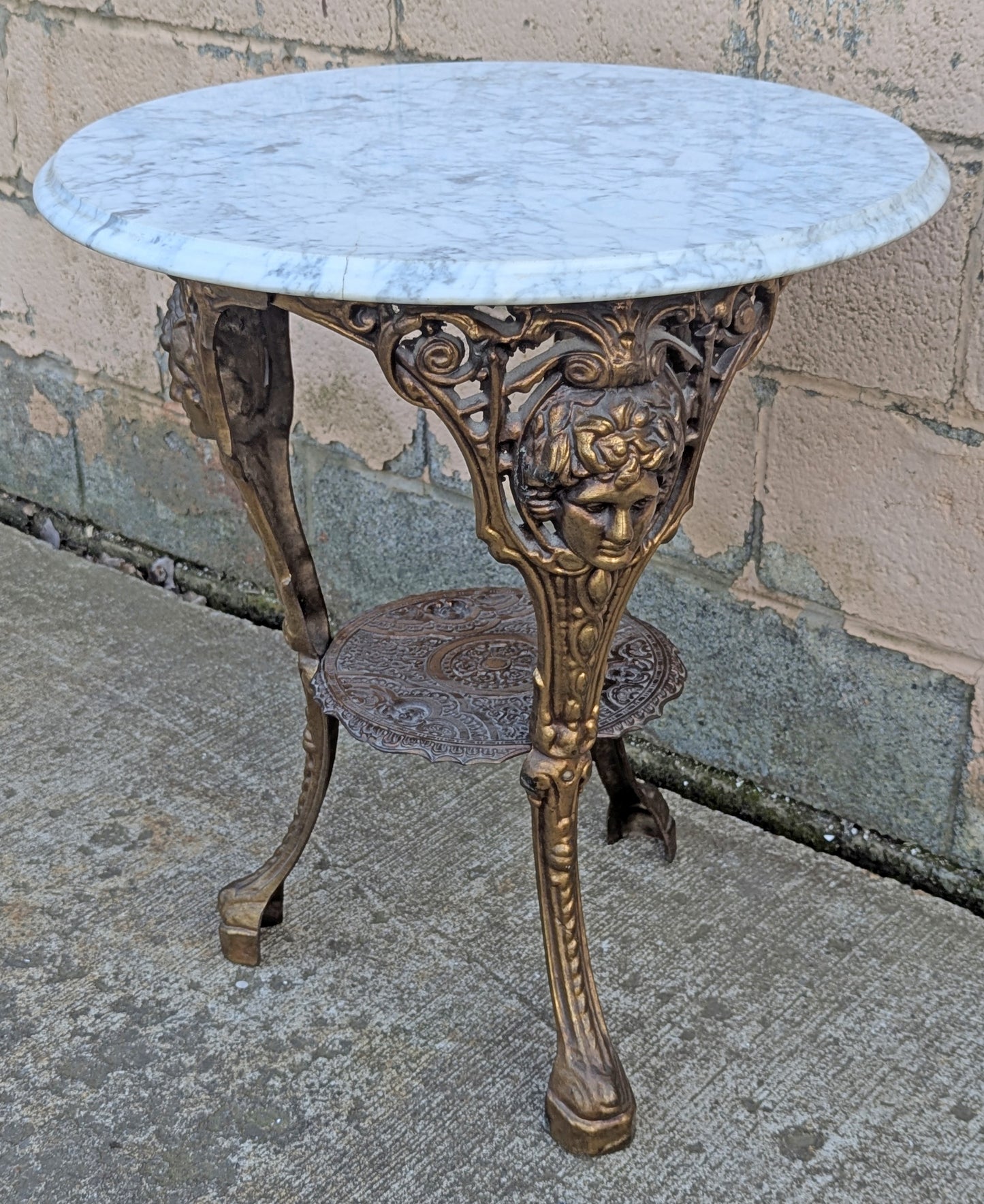 Vintage Antique Old Reclaimed Salvaged Circular Neo Classical Marble Top Metal Brass 2 Tier End Side Accent Sofa Lamp Table Plant Stand