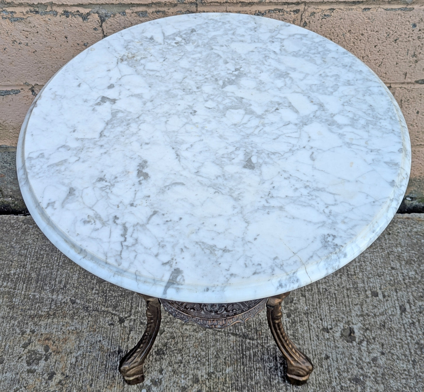 Vintage Antique Old Reclaimed Salvaged Circular Neo Classical Marble Top Metal Brass 2 Tier End Side Accent Sofa Lamp Table Plant Stand