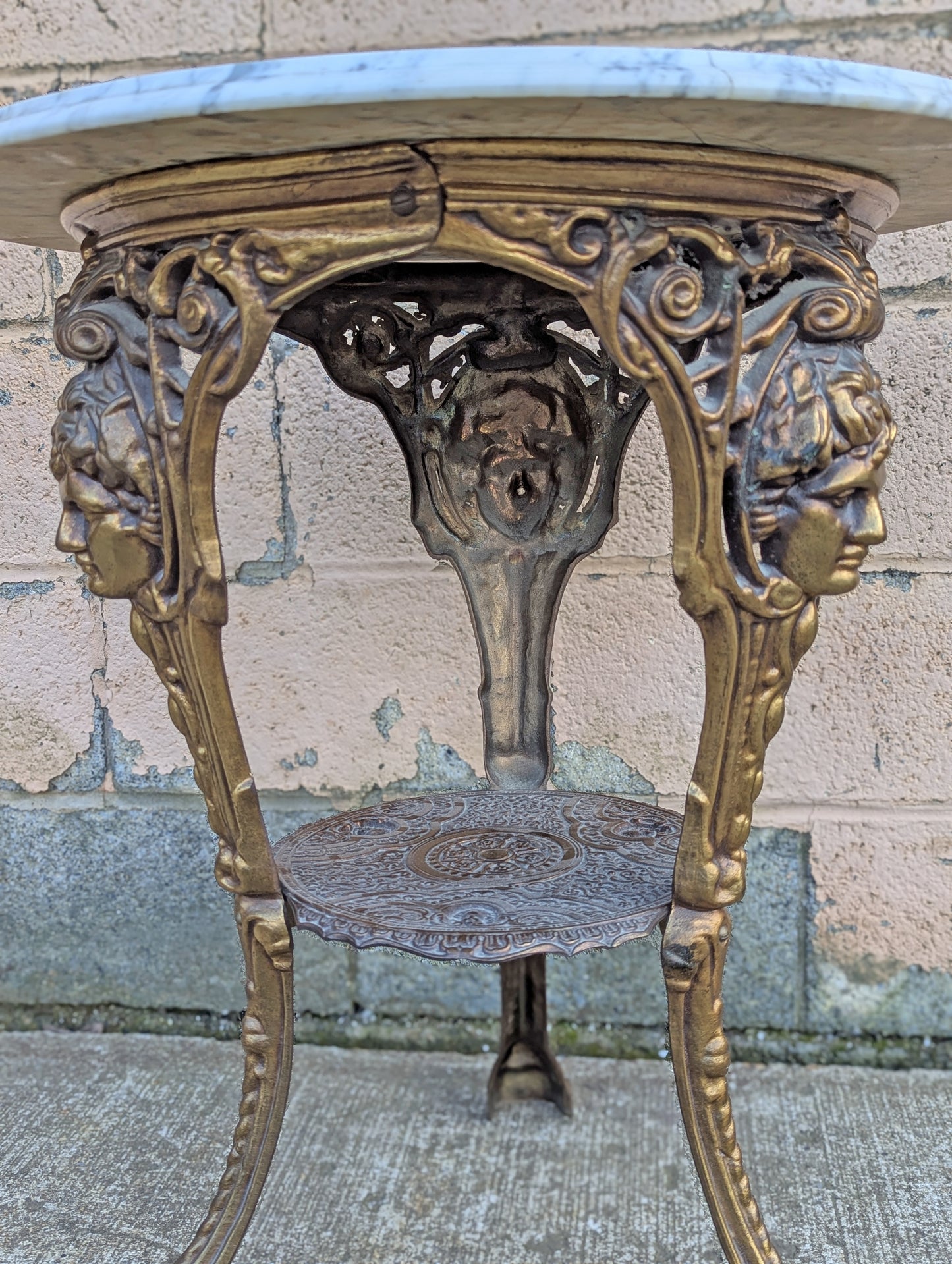 Vintage Antique Old Reclaimed Salvaged Circular Neo Classical Marble Top Metal Brass 2 Tier End Side Accent Sofa Lamp Table Plant Stand