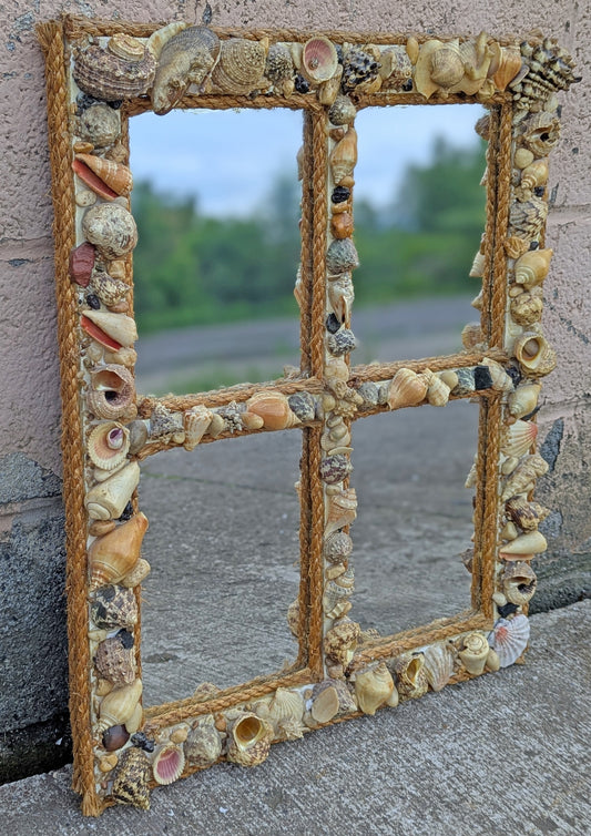 Vintage Old Reclaimed Salvaged Handmade Handcrafted Solid Wood Wooden Wall Mounted Seashell Ocean Beach Mount Accent Bathroom Mirror Glass