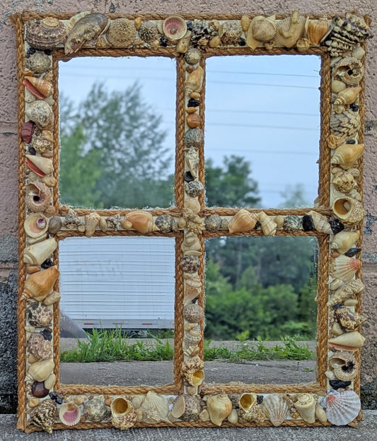 Vintage Old Reclaimed Salvaged Handmade Handcrafted Solid Wood Wooden Wall Mounted Seashell Ocean Beach Mount Accent Bathroom Mirror Glass