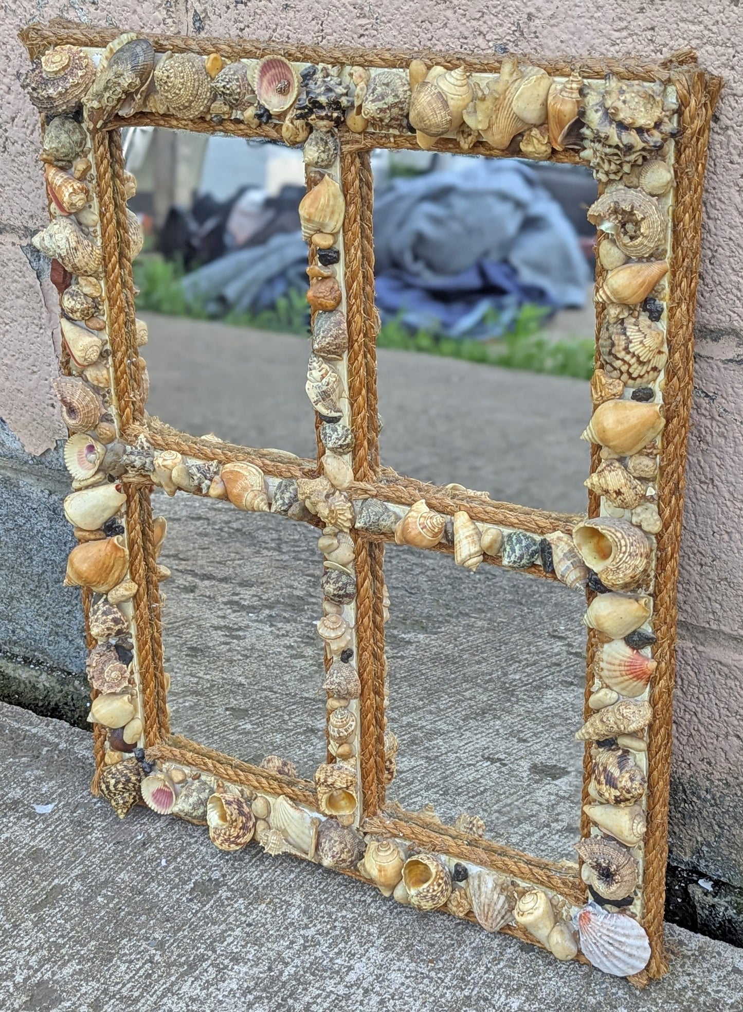 Vintage Old Reclaimed Salvaged Handmade Handcrafted Solid Wood Wooden Wall Mounted Seashell Ocean Beach Mount Accent Bathroom Mirror Glass