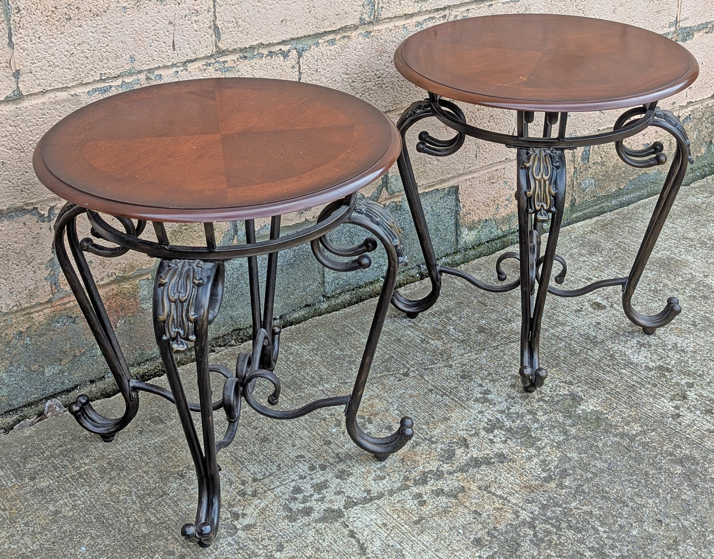 Pair Vintage Old Reclaimed Salvaged Victorian Circular Round Circle Cherry Wood Wooden Metal Steel Frame End Side Bed Table Nightstand Stand