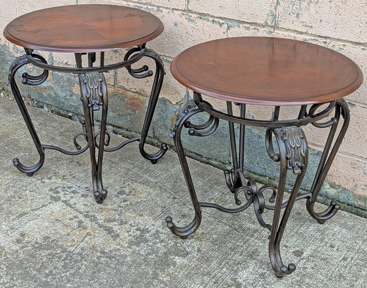 Pair Vintage Old Reclaimed Salvaged Victorian Circular Round Circle Cherry Wood Wooden Metal Steel Frame End Side Bed Table Nightstand Stand