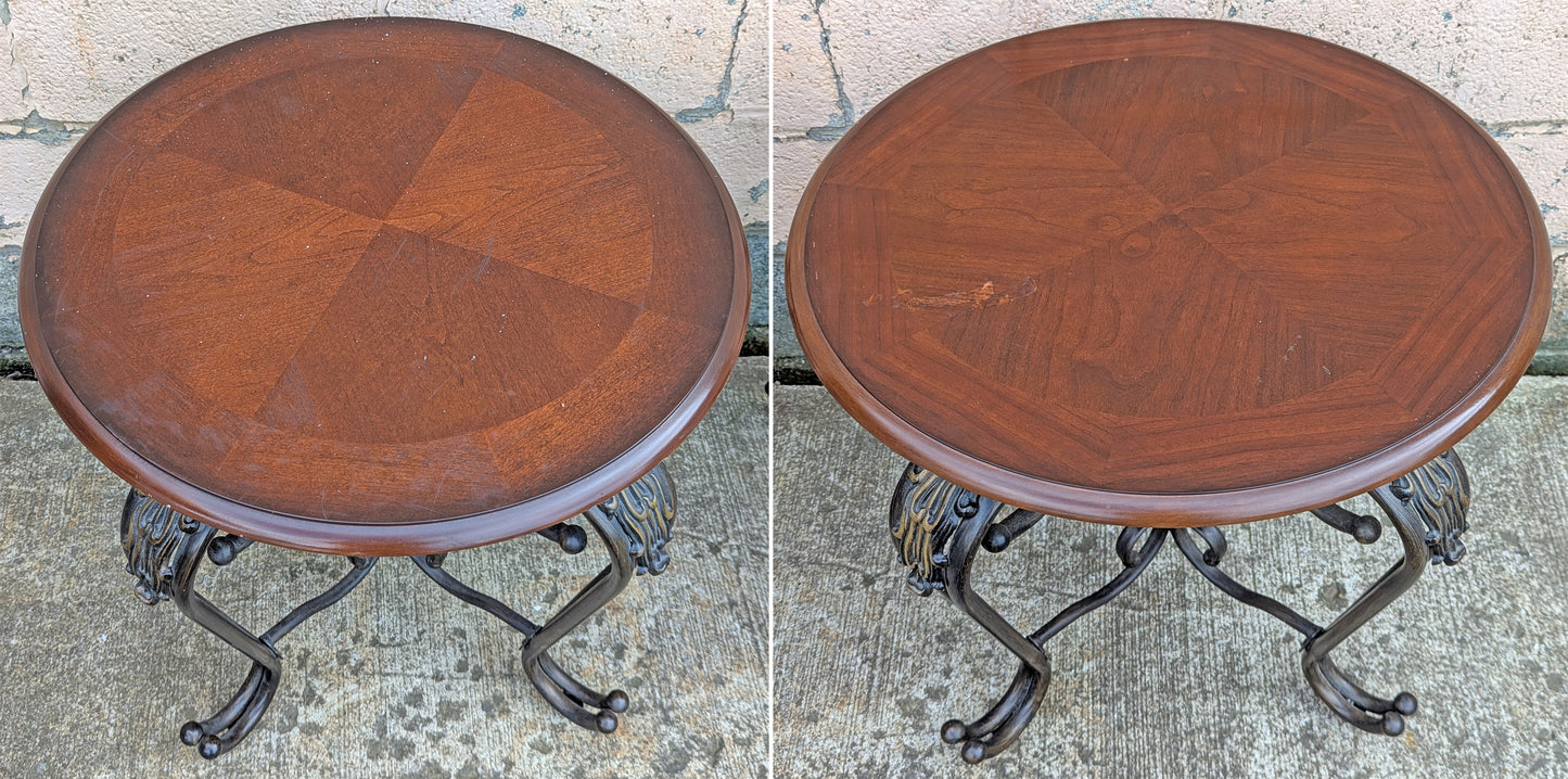 Pair Vintage Old Reclaimed Salvaged Victorian Circular Round Circle Cherry Wood Wooden Metal Steel Frame End Side Bed Table Nightstand Stand