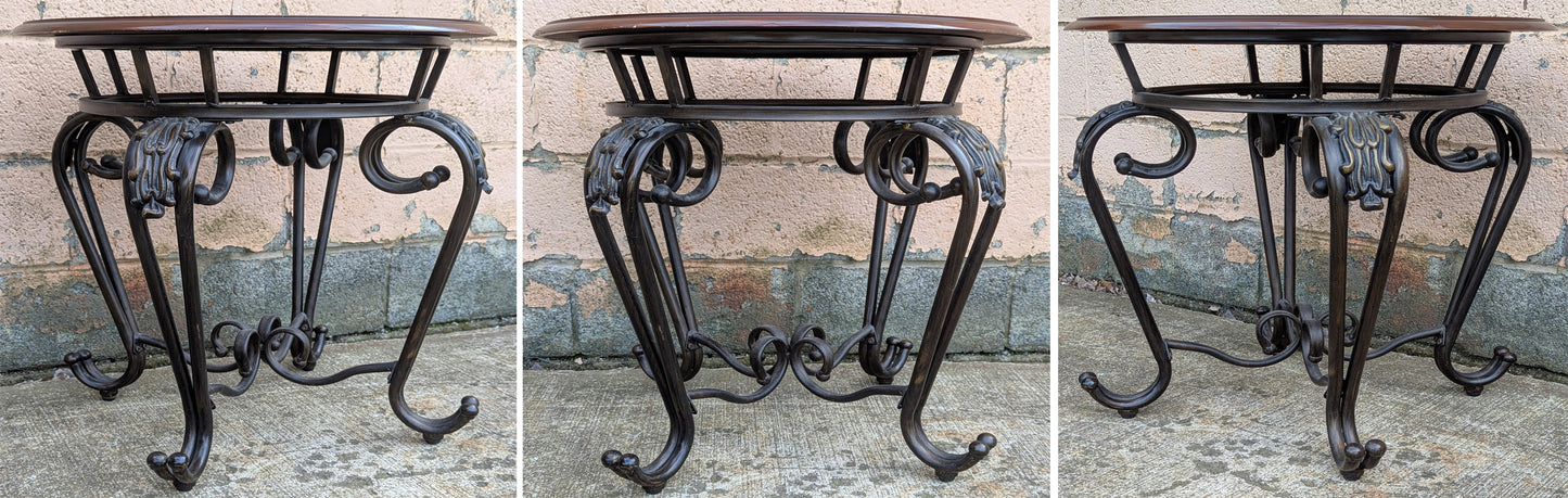 Pair Vintage Old Reclaimed Salvaged Victorian Circular Round Circle Cherry Wood Wooden Metal Steel Frame End Side Bed Table Nightstand Stand