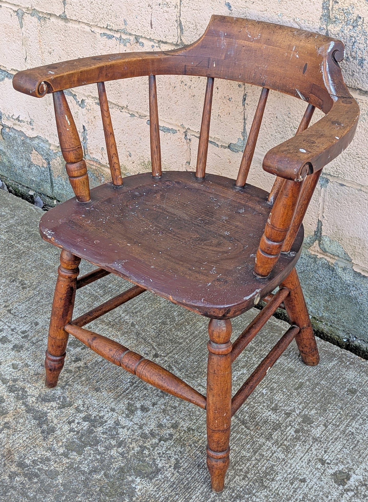 Antique Vintage Old Reclaimed Salvaged SOLID Wood Wooden Captain Smoker Pub Barrel Side Dining Accent Desk Arm Chair Armchair Spindle Back