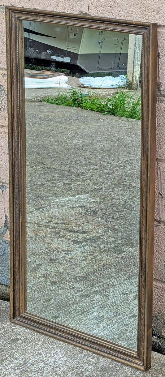 Tall Vintage Old Distressed Wood Wooden Hollywood Regency Gilded Gold Rectangle Rectangular Wall Console Mirror Bedroom Bathroom Glass