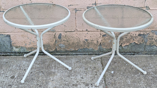 Pair of Vintage Old Reclaimed Salvaged Painted Metal Steel Patio Garden Sunroom Porch Accent Side End Table Round Circle Textured Glass Top