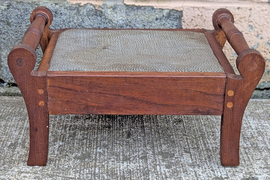 Antique Vintage Old Victorian Handmade Handcrafted SOLID Wood Wooden Kneeling Bench Foot Stool Ottoman Stand Floral Blue Fabric Seat Design