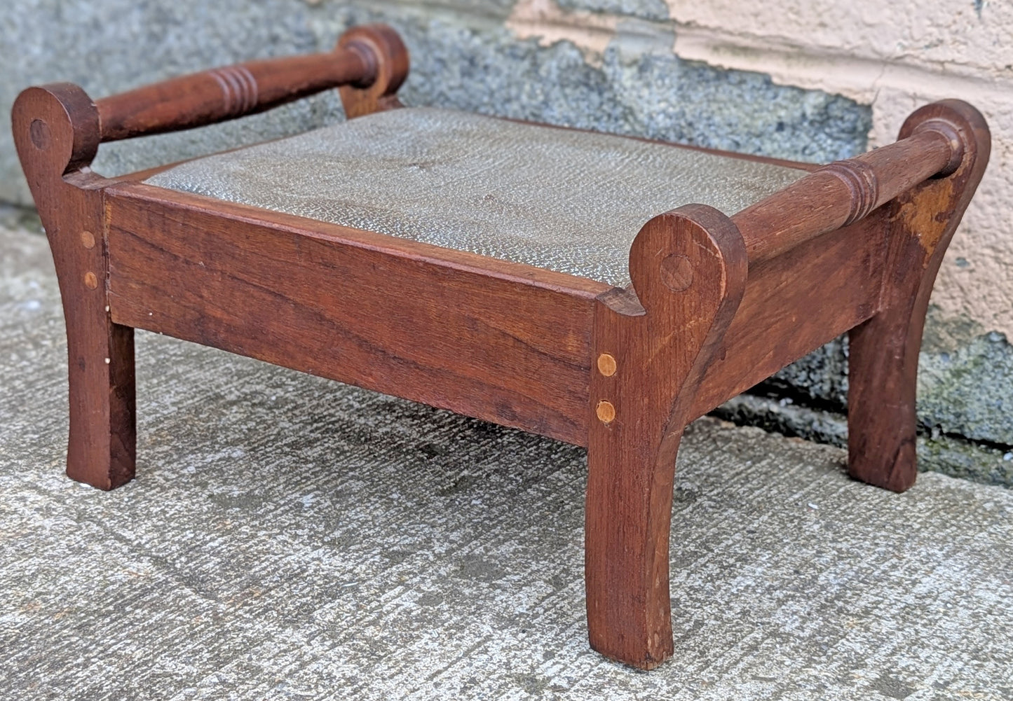 Antique Vintage Old Victorian Handmade Handcrafted SOLID Wood Wooden Kneeling Bench Foot Stool Ottoman Stand Floral Blue Fabric Seat Design