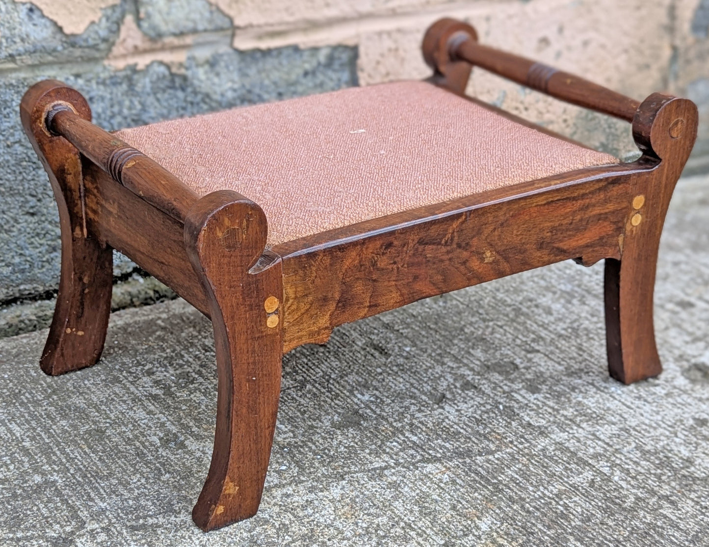 Antique Vintage Old Victorian Handmade Handcrafted SOLID Wood Wooden Kneeling Bench Foot Stool Ottoman Stand Pink Fabric Seat Design