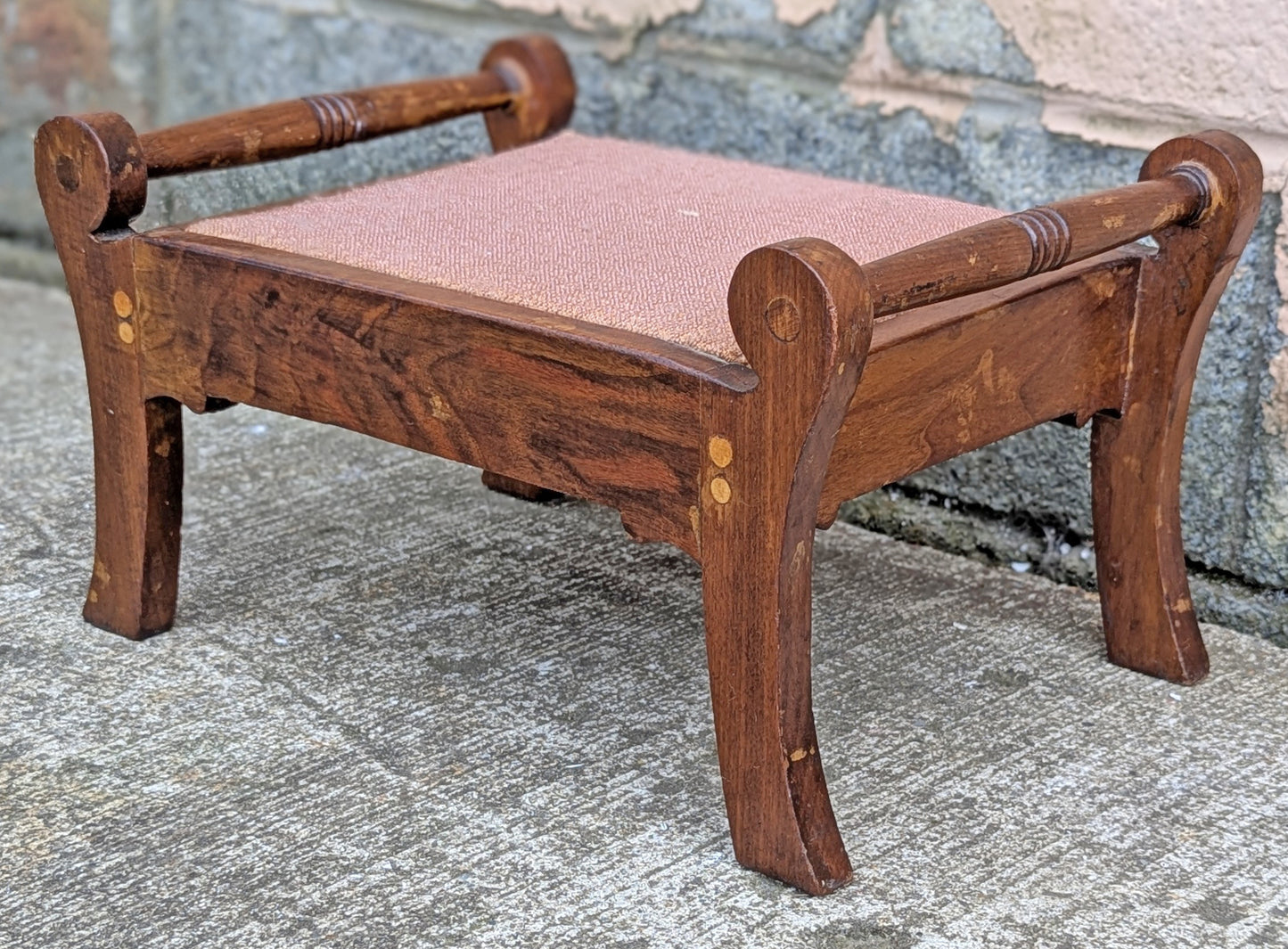 Antique Vintage Old Victorian Handmade Handcrafted SOLID Wood Wooden Kneeling Bench Foot Stool Ottoman Stand Pink Fabric Seat Design