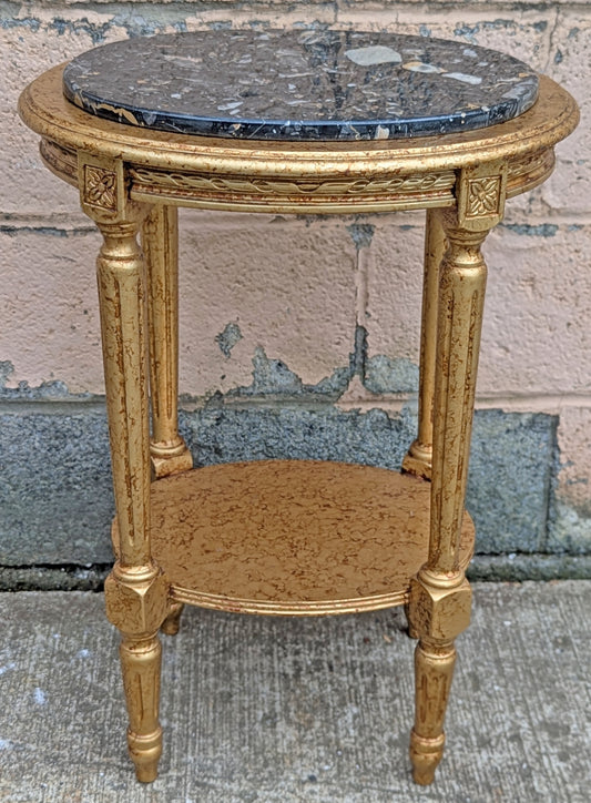 Vintage Antique Old Reclaimed Salvaged Oval Hollywood Regency Marble Top Solid Wood 2 Tier End Side Accent Sofa Lamp Table Plant Nightstand