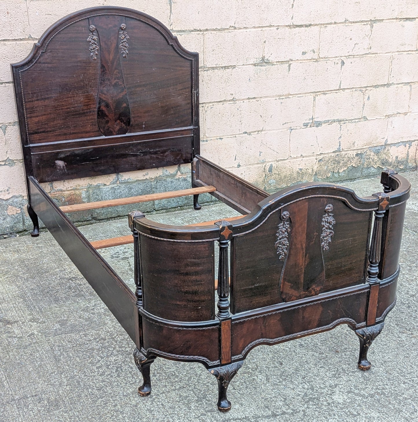 Antique Old Victorian Reclaimed Salvaged SOLID Walnut Wood Wooden Curved Bowed Twin Size Bed Frames Head Foot Board Set
