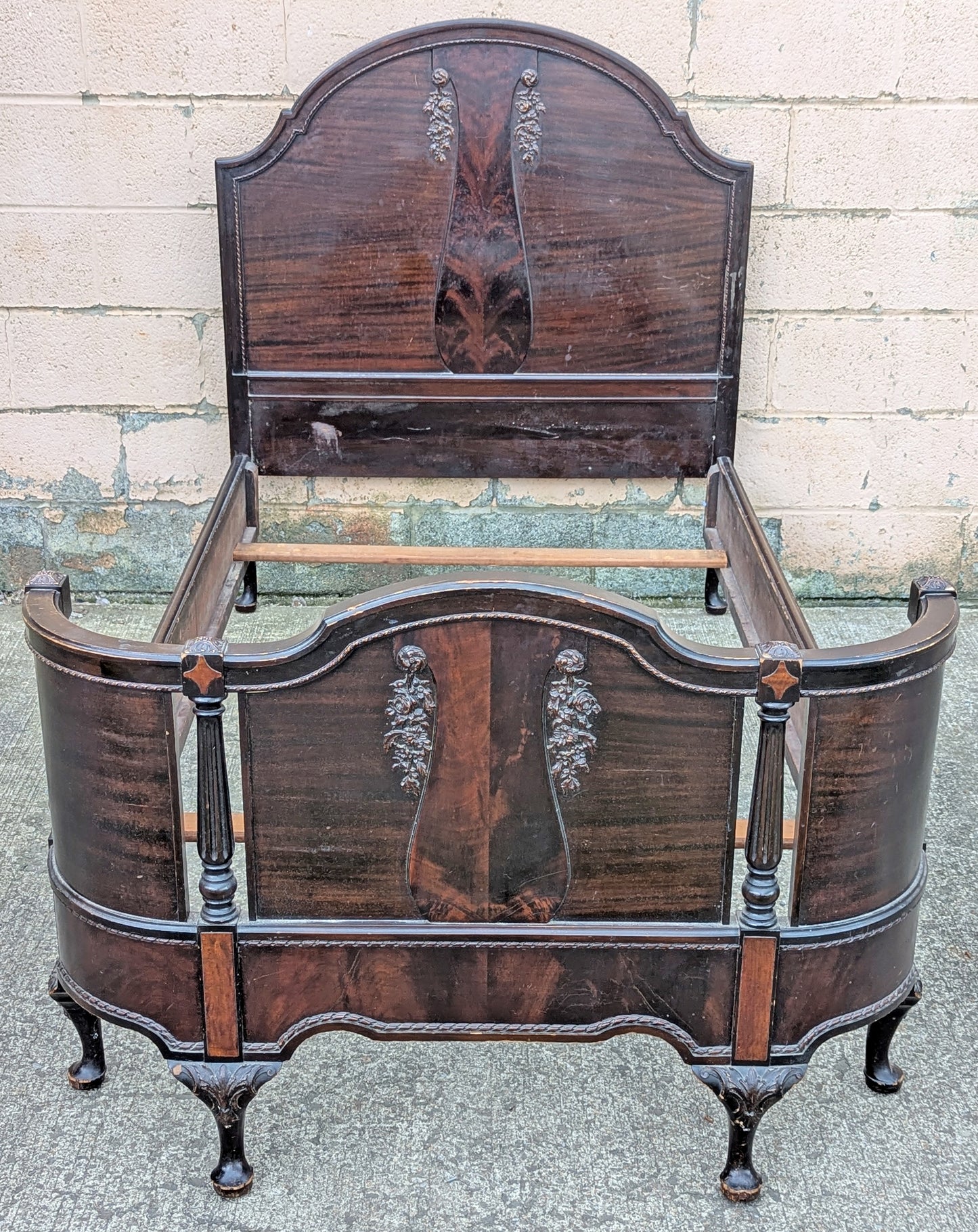 Antique Old Victorian Reclaimed Salvaged SOLID Walnut Wood Wooden Curved Bowed Twin Size Bed Frames Head Foot Board Set