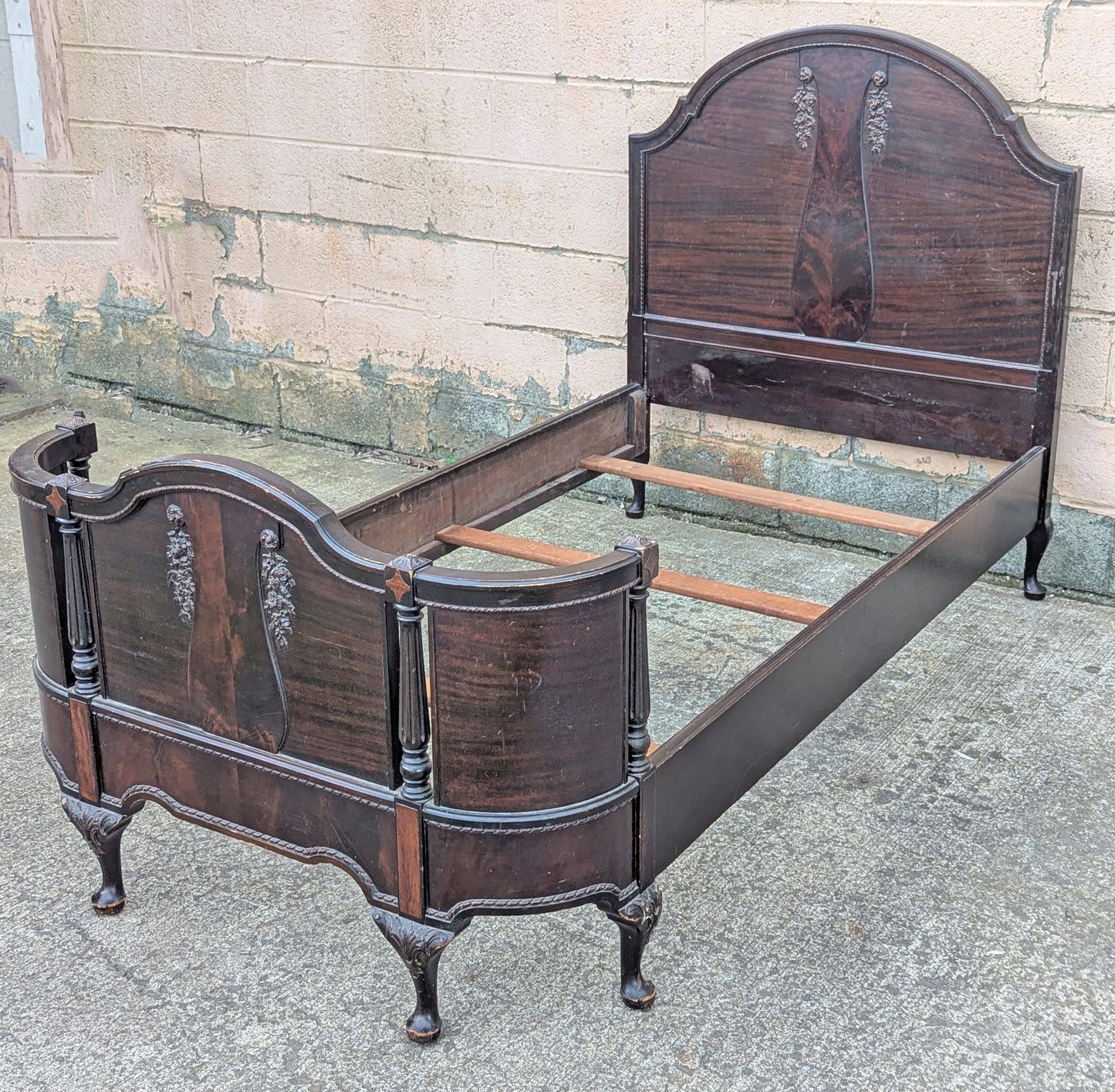 Antique Old Victorian Reclaimed Salvaged SOLID Walnut Wood Wooden Curved Bowed Twin Size Bed Frames Head Foot Board Set