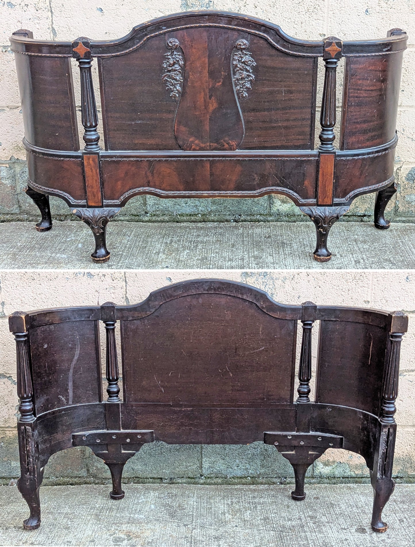 Antique Old Victorian Reclaimed Salvaged SOLID Walnut Wood Wooden Curved Bowed Twin Size Bed Frames Head Foot Board Set