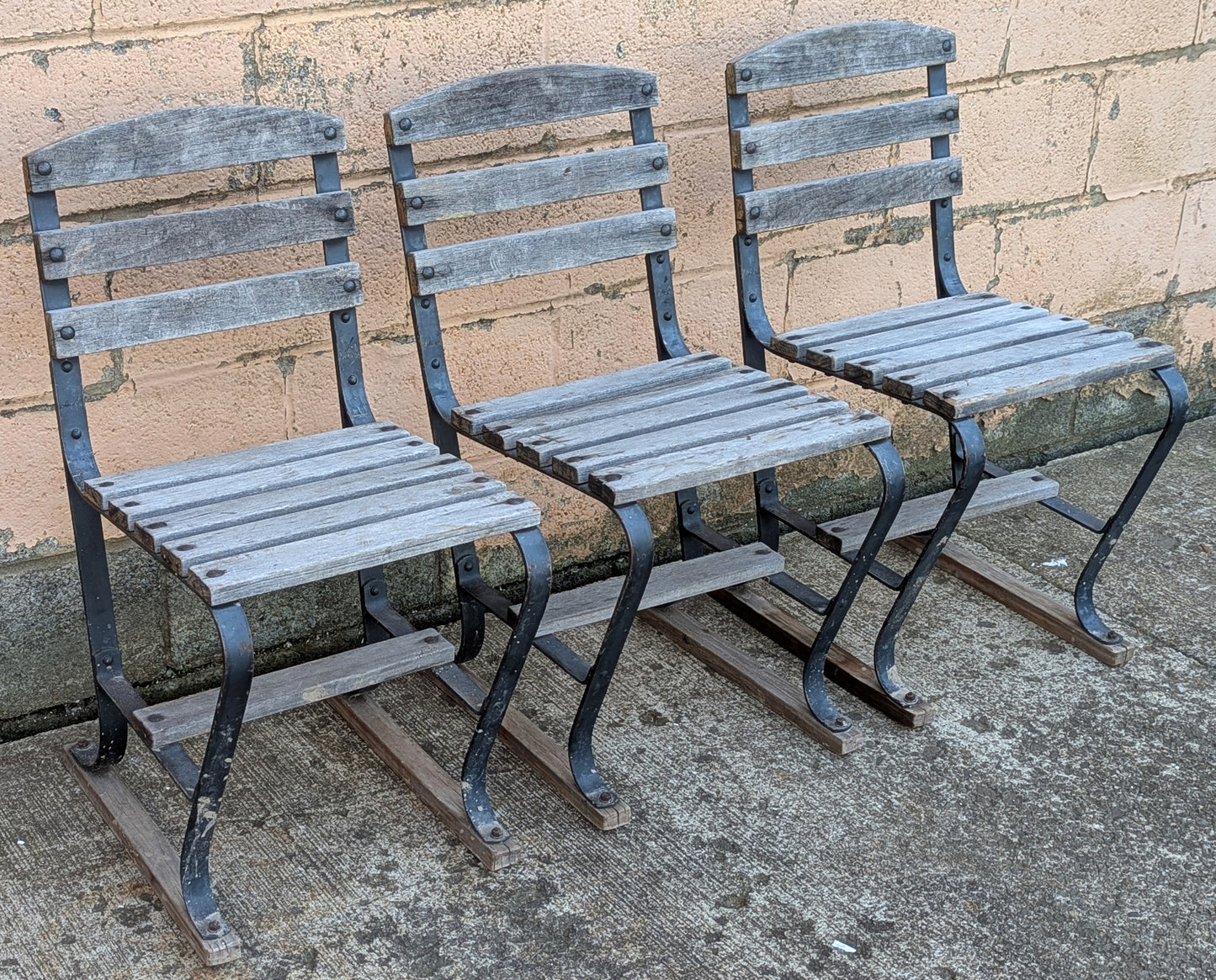 Set of 3 Antique Vintage Old Reclaimed Salvaged Country Farmhouse Rural Solid Wooden Metal Outdoor Patio Porch Backyard Garden Lawn Chairs