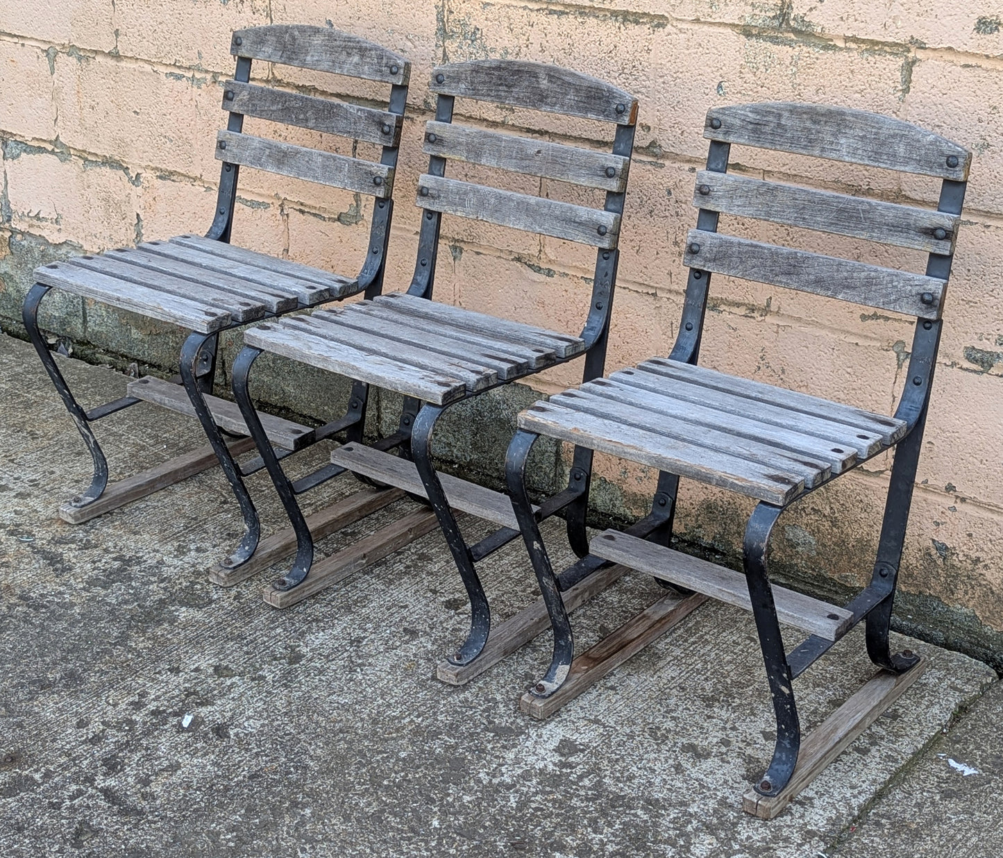 Set of 3 Antique Vintage Old Reclaimed Salvaged Country Farmhouse Rural Solid Wooden Metal Outdoor Patio Porch Backyard Garden Lawn Chairs
