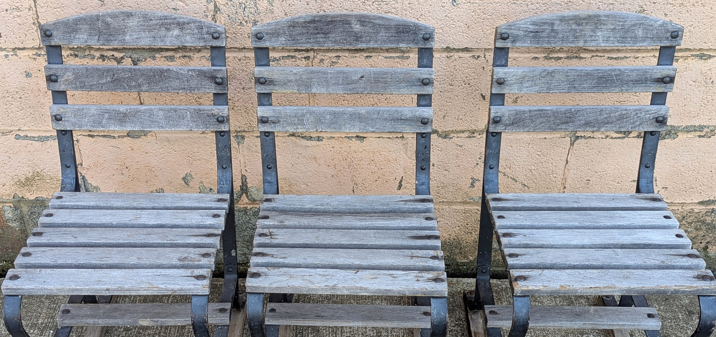Set of 3 Antique Vintage Old Reclaimed Salvaged Country Farmhouse Rural Solid Wooden Metal Outdoor Patio Porch Backyard Garden Lawn Chairs