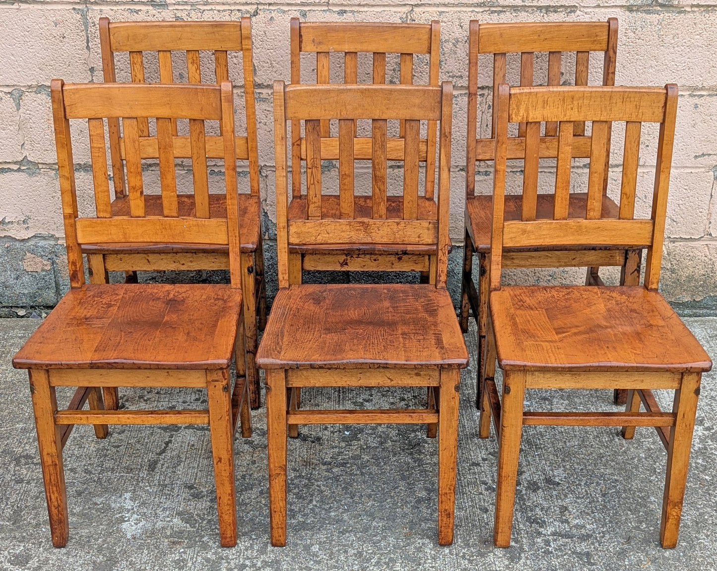Set of 6 Antique Vintage Old Reclaimed Salvaged Arts Crafts Solid Maple Wood Wooden School Church Lodge Side Accent Dining Seat Chairs